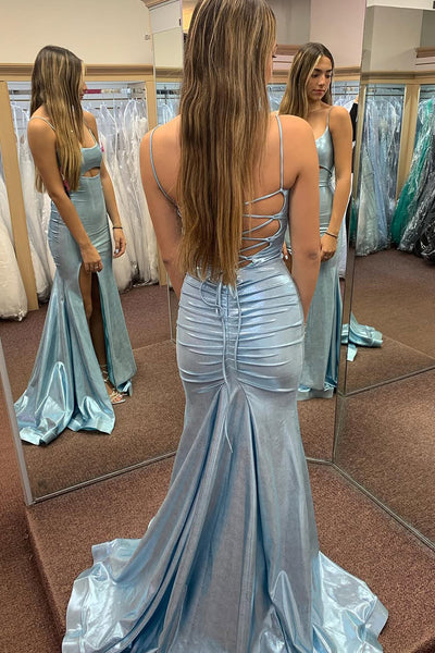 Charming Mermaid Scoop Neck Light Blue Sparkly Satin Prom Dress with Slit AB24121809