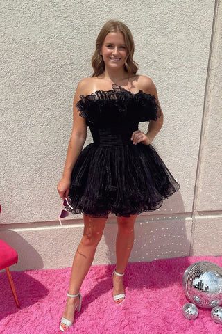 Cute A Line Strapless Black Organza Homecoming Dresses AB082307