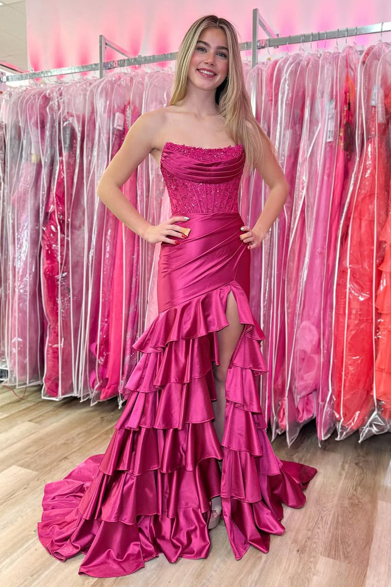 Sweet Mermaid Scoop Neck Fuchsia Satin Prom Dress with Slit AB25020303