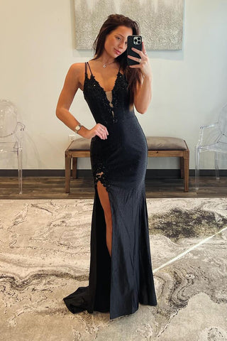 Charming Mermaid V Neck Black Satin Long Prom Dresses with Beading AB4022204