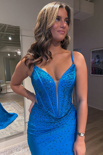 Cute Mermaid V Neck Royal Blue Satin Long Prom Dress with Beading AB24122802