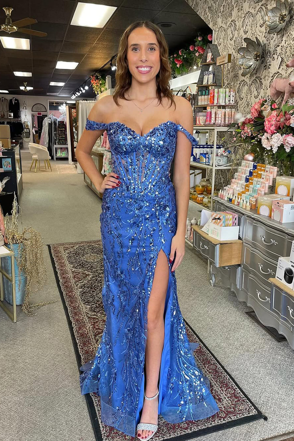 Cute Mermaid Off the Shoulder Blue Sequins Lace Long Prom Dresses with Slit