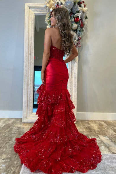 Cute Mermaid Sweetheart Dark Red Satin Tiered Prom Dress with Slit AB24122811