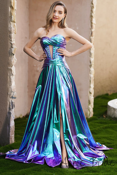 Fashion A Line Sweetheart Metallic Satin Long Prom Dress with Slit AB24121004