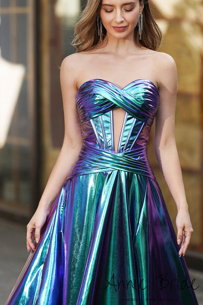 Fashion A Line Sweetheart Metallic Satin Long Prom Dress with Slit AB24121004