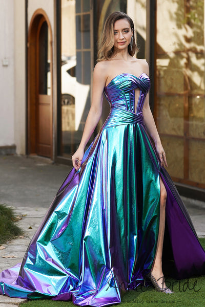 Fashion A Line Sweetheart Metallic Satin Long Prom Dress with Slit AB24121004