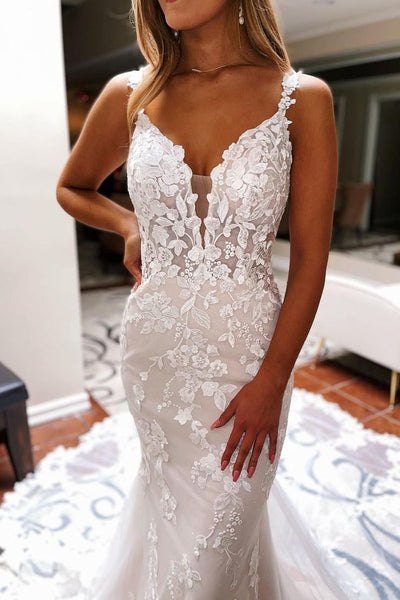 Elegant Mermaid V Neck Lace Long Wedding Dresses with Appliques AB24101006