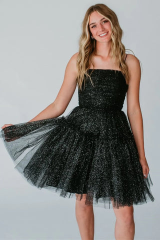 Glitter A-Line Spaghetti Straps Black Tulle Homecoming Dresses AB24072205