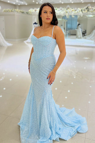 Cute Mermaid Sweetheart Sequins Sky Blue Long Prom Dresses