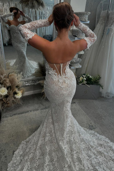 Elegant Mermaid Sweetheart Lace Long Bridal Dresses with Long Sleeves AB24110814