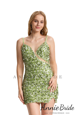 Cute Bodycon V Neck Sage Green Sequins Short Homecoming Dresses with Beading AB24082005