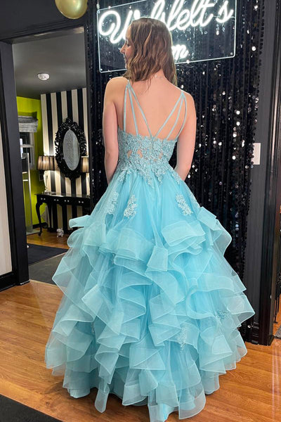 A Line V Neck Ruffle Long Prom Dress with Appliques AB4031603