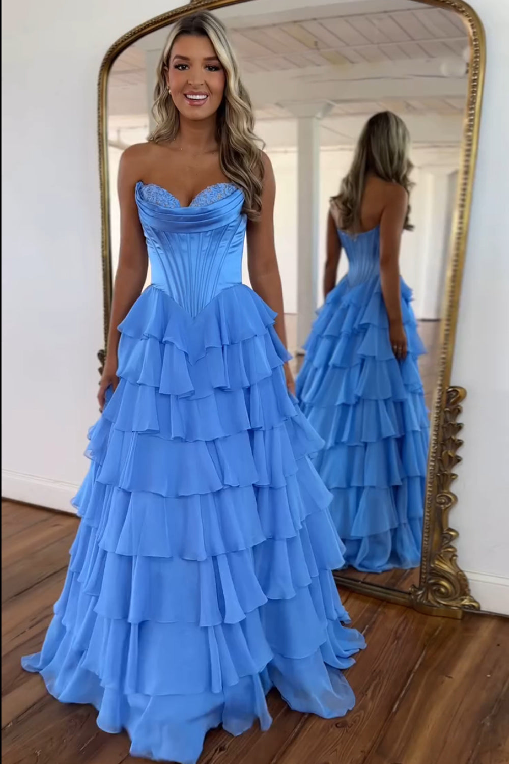 Cute A Line Blue Princess Tiered Sweetheart Long Prom Dresses AB241128