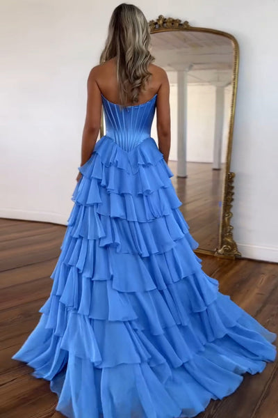 Cute A Line Blue Princess Tiered Sweetheart Long Prom Dresses AB241128