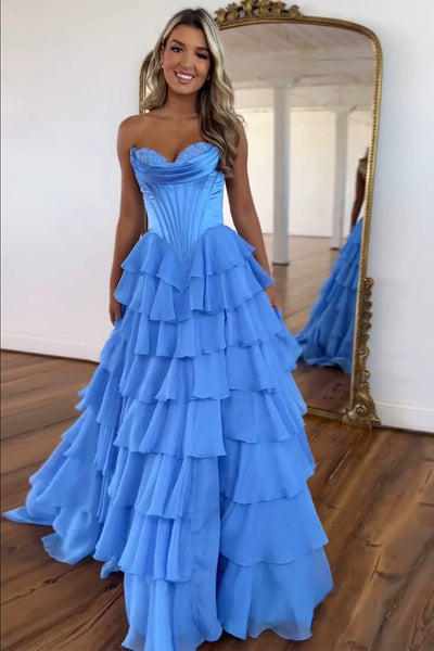 Cute A Line Blue Princess Tiered Sweetheart Long Prom Dresses AB241128