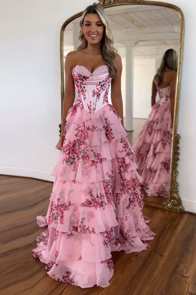 Cute A Line Blush Floral Print Tiered Chiffon Strapless Prom Dresses