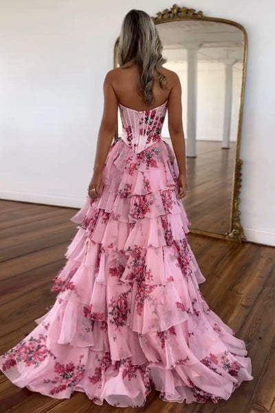 Cute A Line Blush Floral Print Tiered Chiffon Strapless Prom Dresses