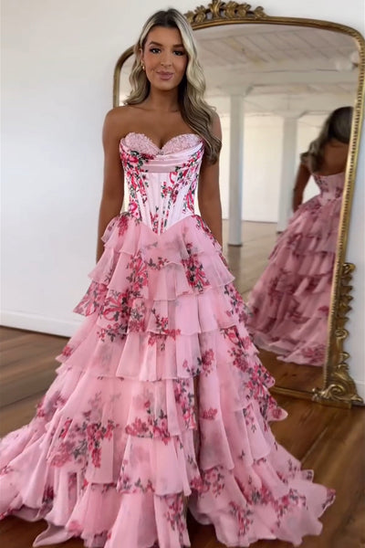 Cute A Line Blush Floral Print Tiered Chiffon Strapless Prom Dresses