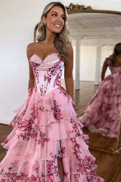 Cute A Line Blush Floral Print Tiered Chiffon Strapless Prom Dresses