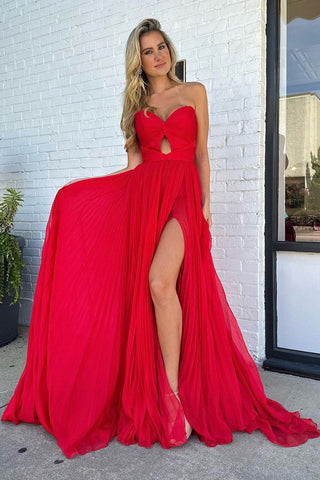 Cute A Line Sweetheart Pleat Red Chiffon Long Prom Dress with Slit