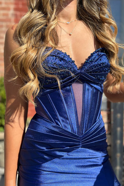 Charming Mermaid Sweetheart Royal Blue Satin Long Prom Dresses with Slit AB241004