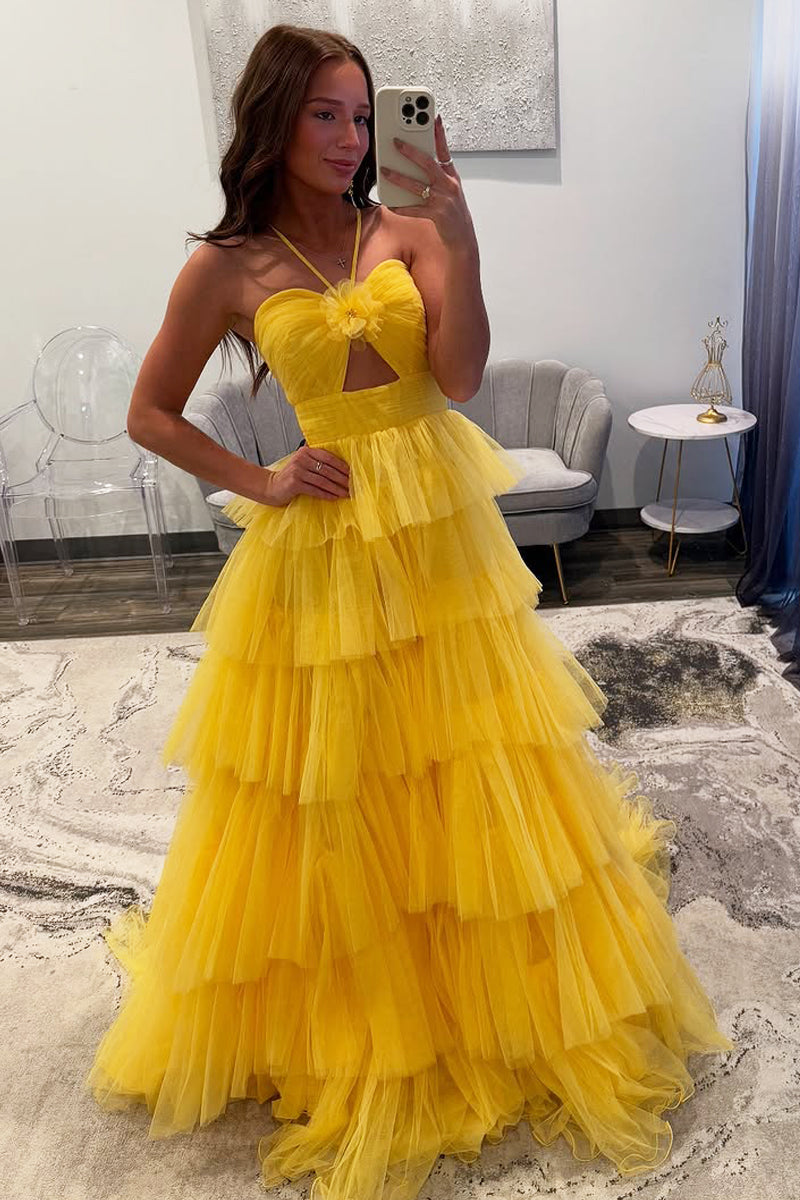 Cute A Line Straps Yellow Tulle Prom Dress AB25020304