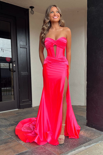 Charming Mermaid Sweetheart Hot Pink Elastic Satin Long Prom Dresses with Slit AB24101106