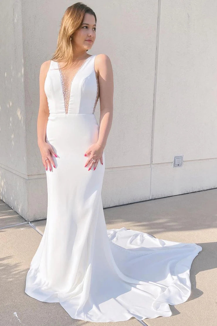 Elegant Mermaid Deep V Neck White Satin Bridal Dresses with Beading AB24112117