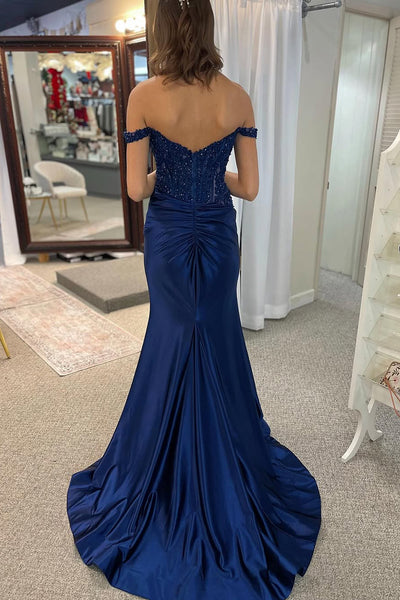 Cute Mermaid Off the Shoulder Navy Satin Prom Dress with Appliques AB24123009