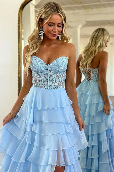 Cute A-Line Strapless Royal Blue Ruffle Tiered Chiffon Long Prom Dress AB4033004