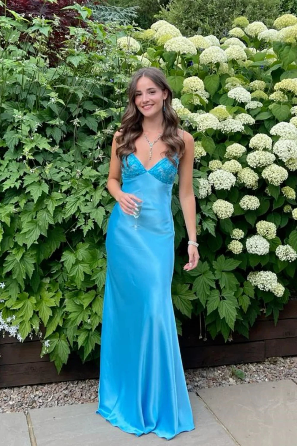 A Line V Neck Blue Satin Prom Dresses with Beading AB24122615