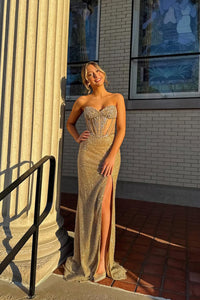 Gorgeous Mermaid Sweetheart Gold Sequins Long Prom Dress with Beading AB24121703