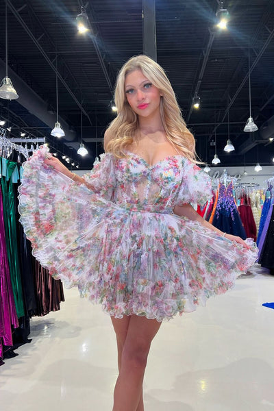 Cute A-Line Sweetheart Floral Print Short Homecoming Dresses DM24081505