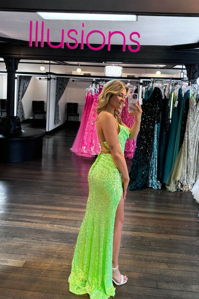 Sparkly Mermaid Cowl Neck Green Sequins Long Prom Dresses with Slit AB24070205