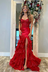 Cute Mermaid Sweetheart Dark Red Satin Tiered Prom Dress with Slit AB24122811