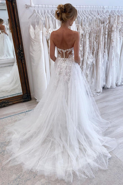 A-Line Strapless Tulle Wedding Dresses with Appliques AB4052101