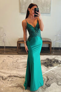 Mermaid V Neck Satin Long Prom Dress with Beading AB4031105