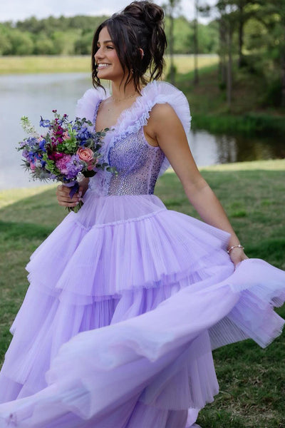 Unique A-Line V Neck Lilac Ruffle Tiered Tulle Long Prom Dress AB4052602