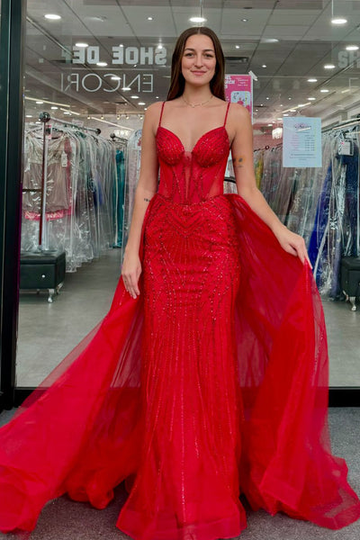 Sparkly Mermaid Sweetheart Neck Red Tulle Glitter Prom Dress AB24111508