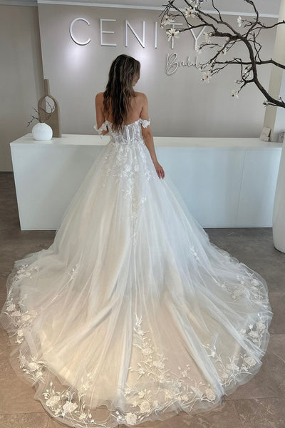 Fairy A Line Off the Shoulder White Tulle Bridal Dresses with Appliques AB24112802