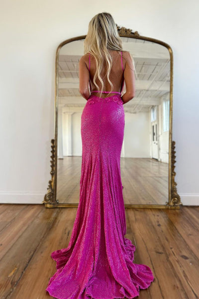 Sparkly Mermaid V Neck Sequins Long Prom Dress with Slit AB4032405