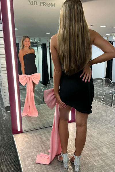 Cute Bodycon Strapless Satin Black Short Homecoming Dresses with Big Bow AB24070903