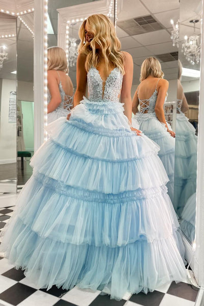 Pretty A-Line V Neck Sky Blue Ruffle Tiered Tulle Long Prom Dress AB4052601