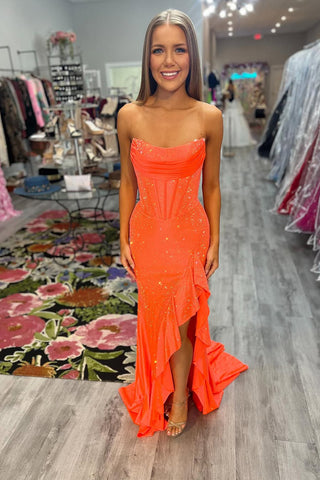 Cute Sheath Strapless Orange Ruffled Satin Prom Dresses with Beading AB24112809