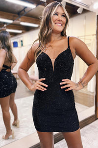 Cute Bodycon V Neck Black Sparkly Homecoming Dresses AB24071604