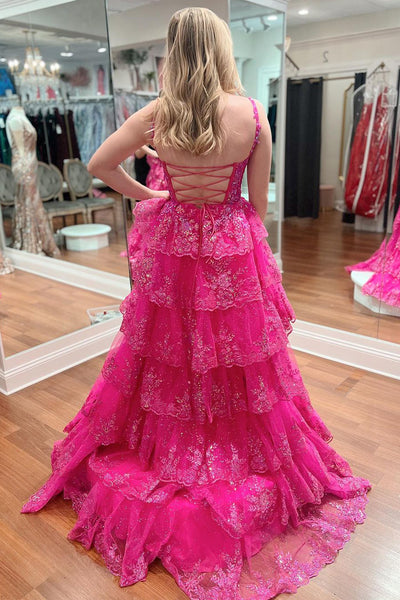 A Line V Neck Fuchsia Ruffle Tiered Long Prom Dress with Appliques AB4032002