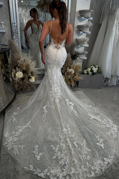 Gorgeous Mermaid V Neck Lace Wedding Dresses with Appliques AB25011507