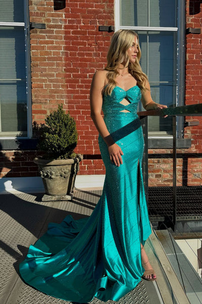 Charming Mermaid V Neck Daffodial Satin Long Prom Dress with Hot Stone Beading AB24111603