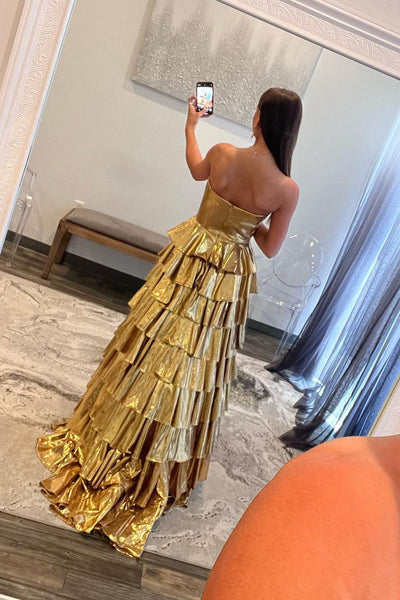 Unique Strapless Gold Ruffle Tiered Satin Long Prom Dress AB4051602