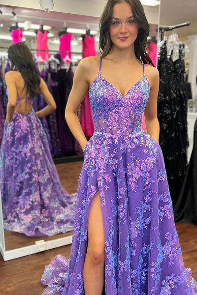 Cute A Line V Neck Purple Sequins Lace Tulle Prom Dress AB4020104